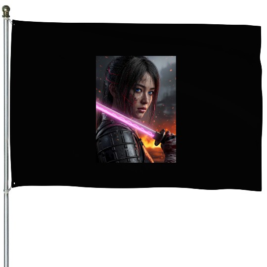 Cyberpunk Samurai Girl House Flags