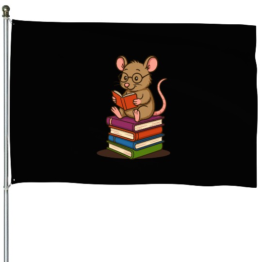 Bookworm with Glasses and Stack of Books House Flags