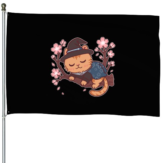 Kawaii Wizard Cat Sleeping on Sakura Tree – Magic  House Flags