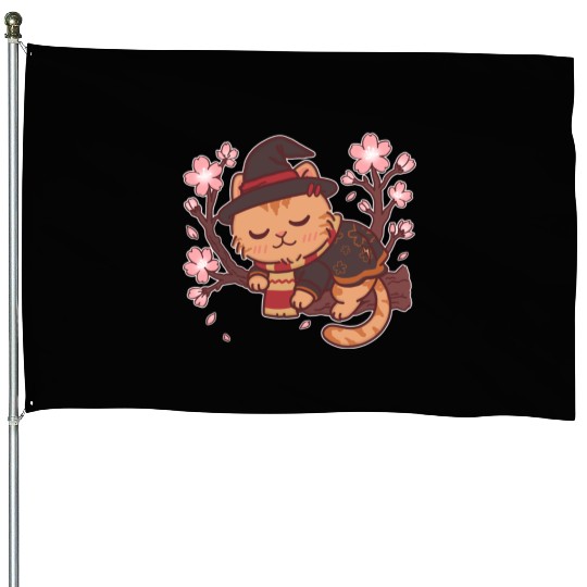 Cute Witch Cat with Cherry Blossoms House Flags