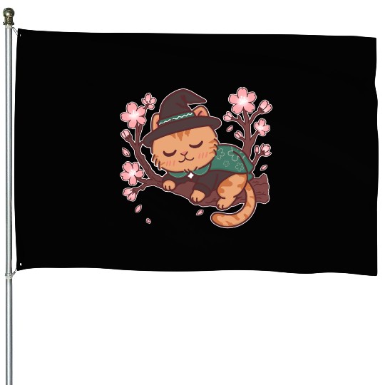 Whimsical Wizard Cat in Blooming Cherry Tree House Flags