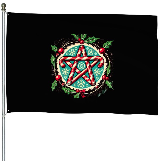 Yule Pentacle with Candy Canes Pagan Holiday Desig House Flags