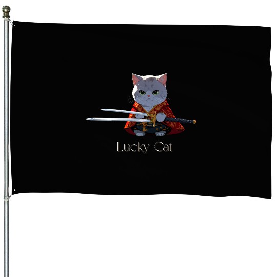 Mythic Warrior Cat with Swords House Flags