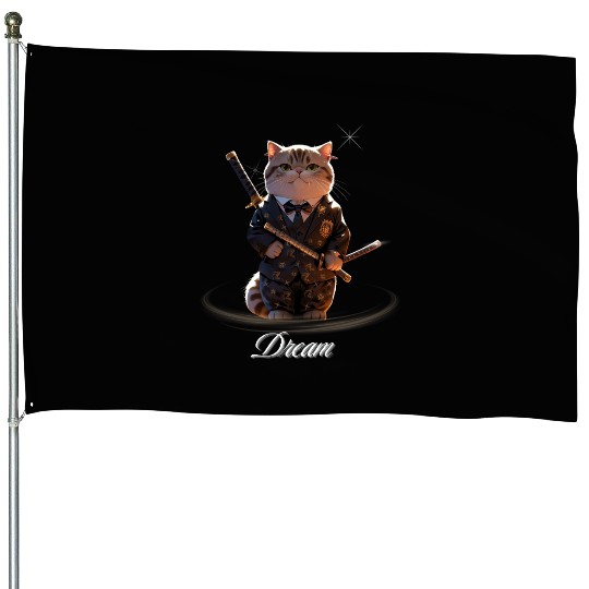 Samurai Cat in Formal Kimono House Flags
