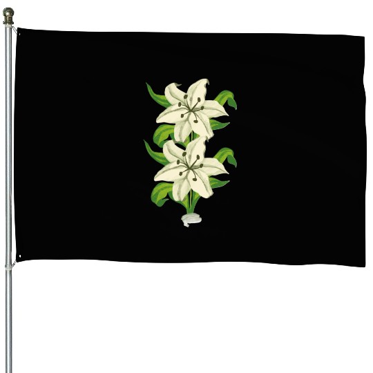 Elegant White Lily Botanical Illustration House Flags