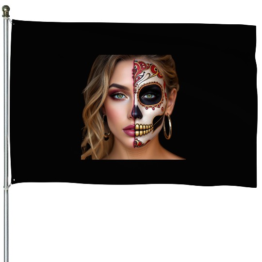 Intricate Sugar Skull Face Art House Flags