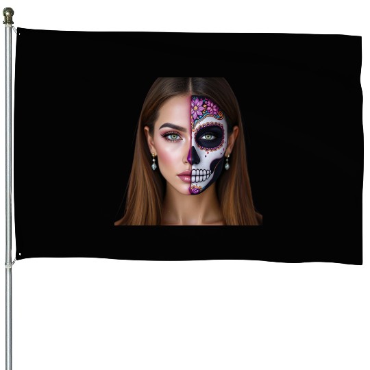 Day of the Dead Sugar Skull Face Art House Flags