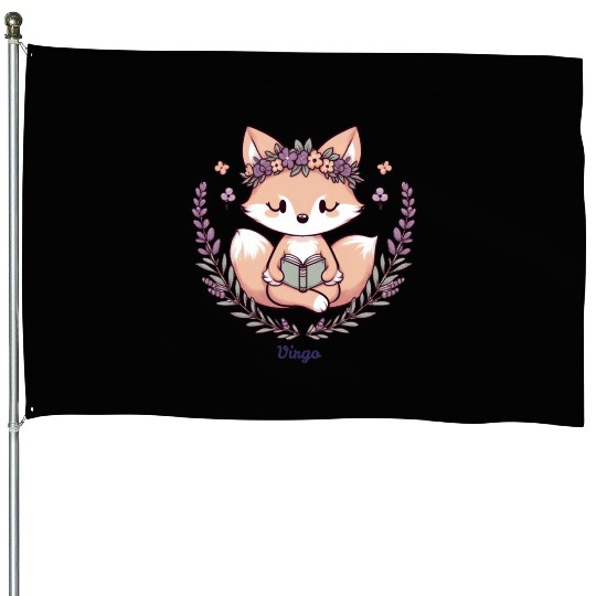 Cute Fox Virgo Reading with Floral Crown House Flags