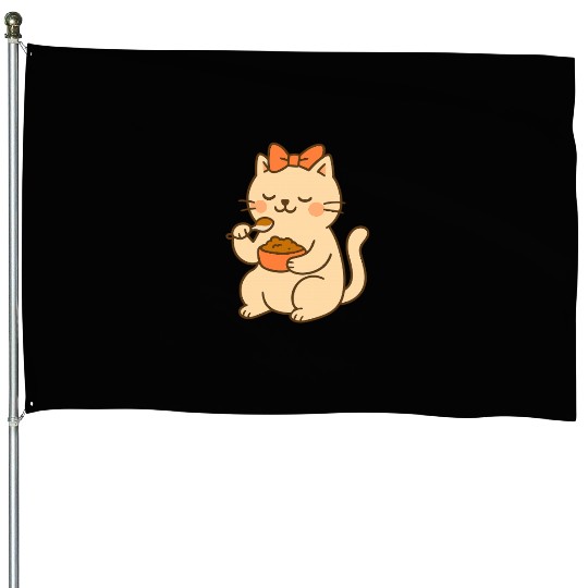 Cute Cat with Bow Eating SoupCute Kawaii Cat Eatin House Flags