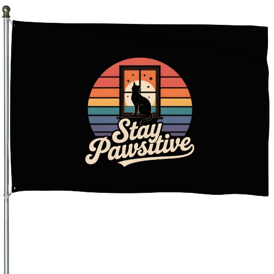 Stay Pawsitive Retro Cat Window Starry Night House Flags