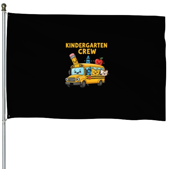 Kindergarten Crew School Bus Illustration House Flags