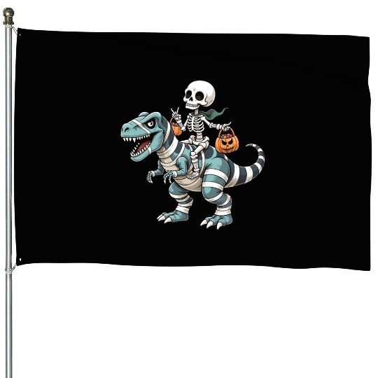Skeleton Riding Mummy Dinosaur Funny Halloween House Flags