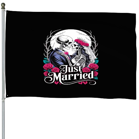 Gothic Just Married Skeletons Bride and Groom House Flags