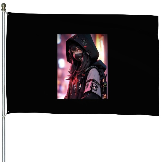 Cyberpunk Hooded Girl with Neon Accents House Flags