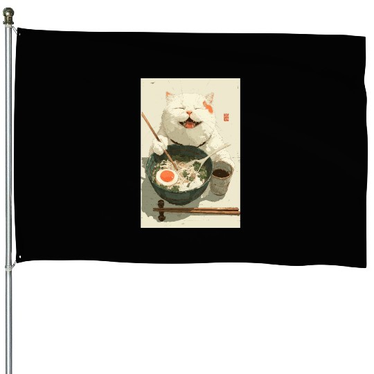 Happy White Cat Eating Ramen House Flags