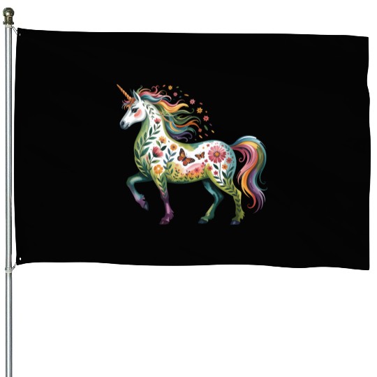 Whimsical Floral Unicorn Design House Flags