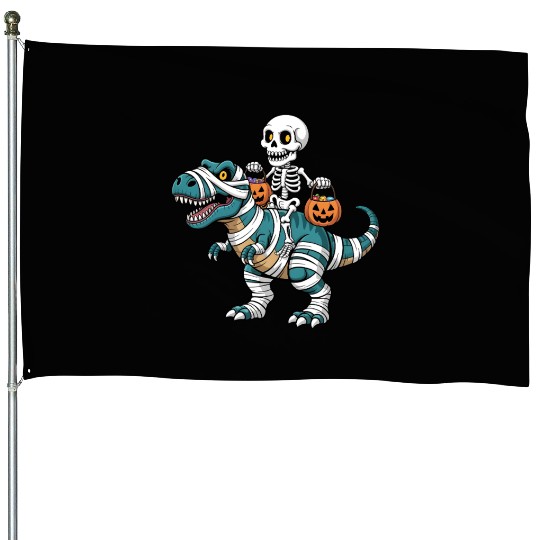 Skeleton Riding Mummy Dinosaur Funny Halloween House Flags