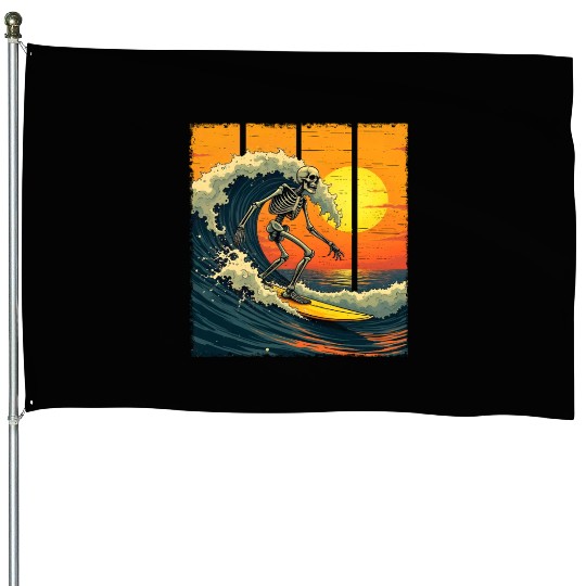 Skeleton Surfer Vintage Surfing Funny Halloween House Flags