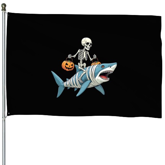 Skeleton Riding Shark Mummy Funny Halloween House Flags