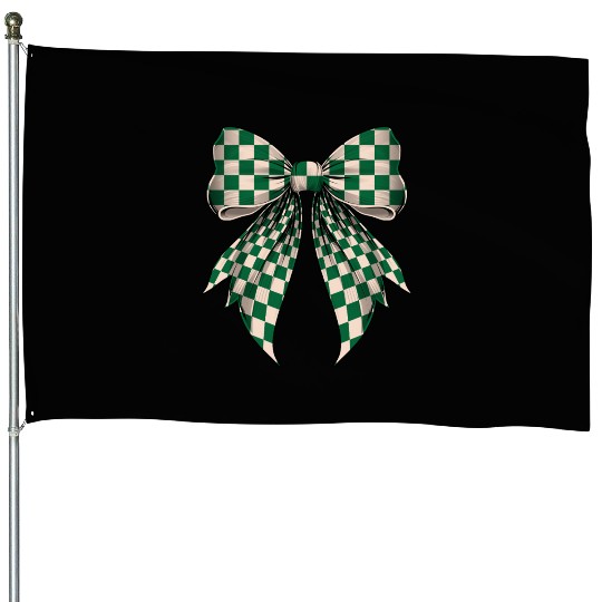 Coquette Bow Cream White Green Checkered Pattern House Flags