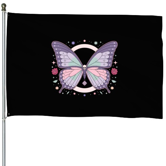 Mystic Skull Butterfly Illustration House Flags
