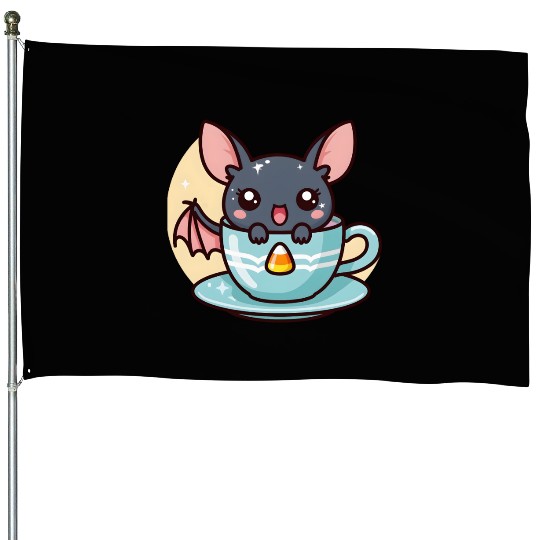 Cute Bat in Tea Cup Illustration House Flags