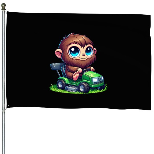 Cute Bigfoot Sasquatch lawn mower gardening chibi House Flags