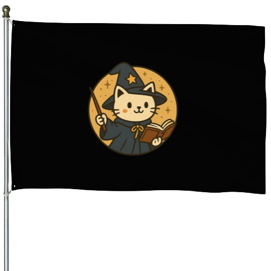Whimsical Cat Wizard in Starry Night House Flags