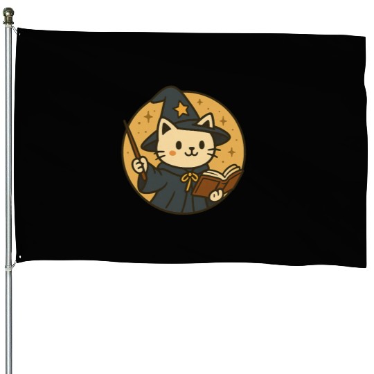 Whimsical Cat Wizard in Starry Night House Flags