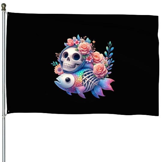 Whimsical Skull and Fish Floral Fusion House Flags