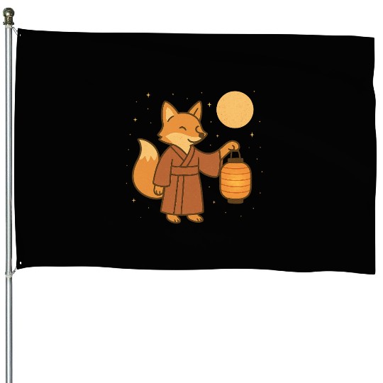 Cute Fox in Traditional Kimono with Lantern House Flags