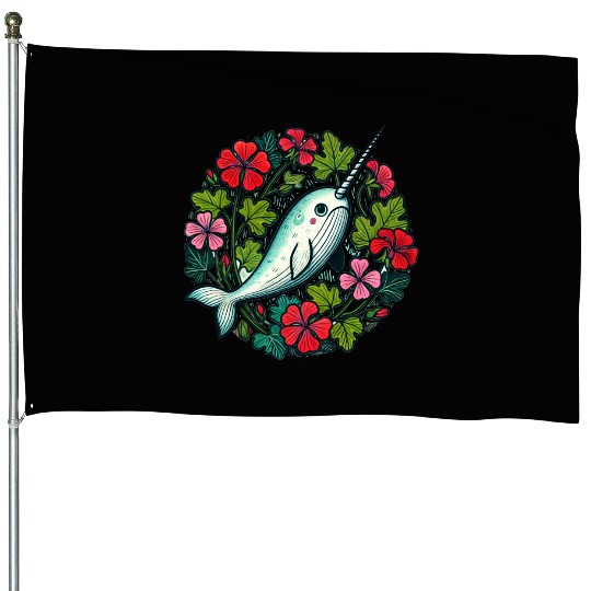 Whimsical Narwhal Amid Floral Bloom House Flags