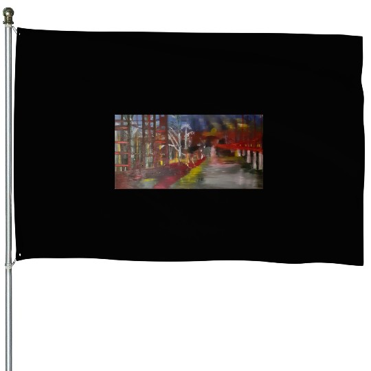 Impressionist Night Forest Path House Flags