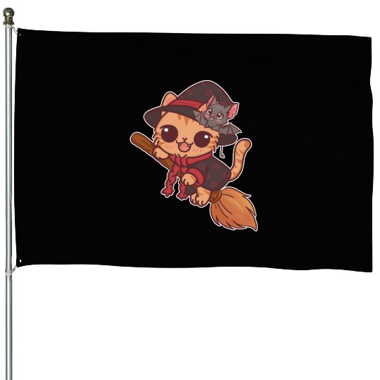 Enchanted Witch Cat with Bat Companion House Flags