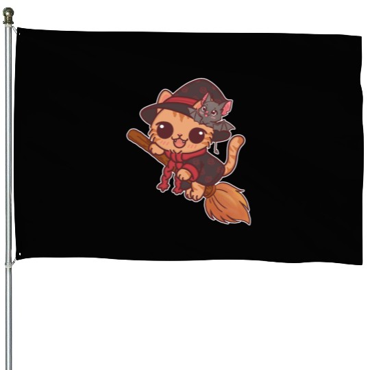 Enchanted Witch Cat with Bat Companion House Flags