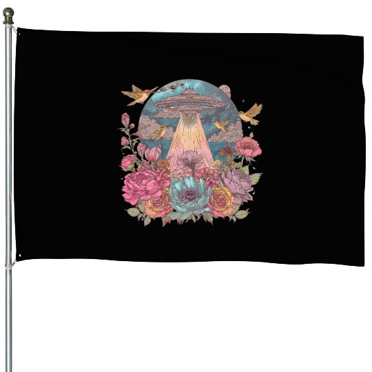 Boho Whimsical Surreal UFO and Floral Fantasy House Flags