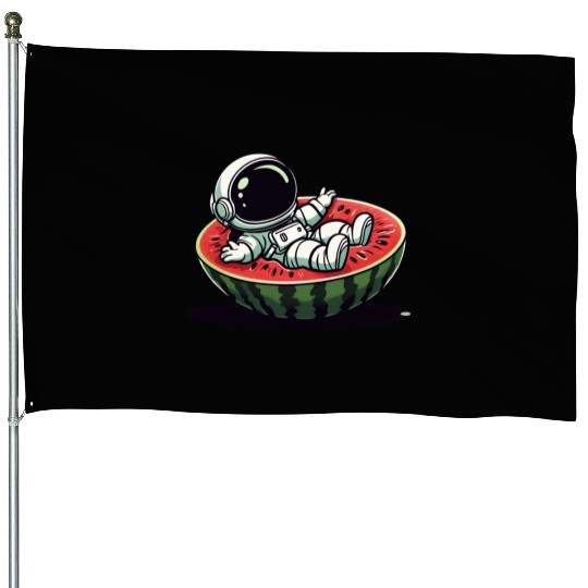 Playful Astronaut on Watermelon Slice House Flags