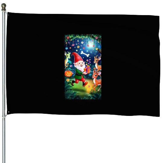 Enchanted halloween Christmas Scene with Reindeer House Flags
