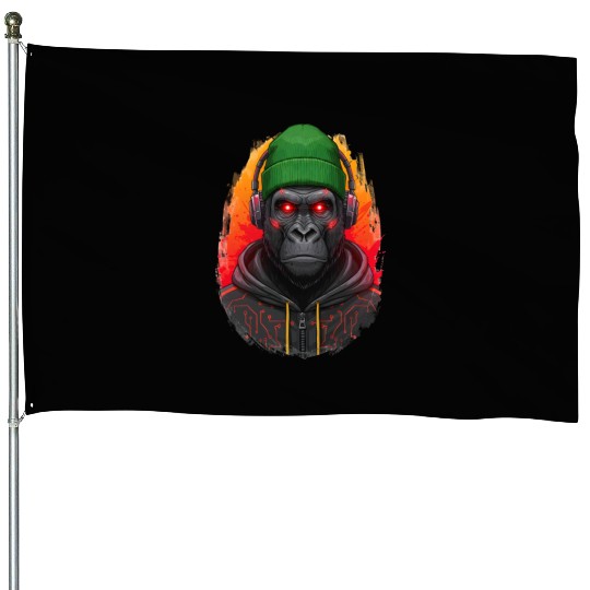 Cyberpunk Gorilla Digital Art House Flags