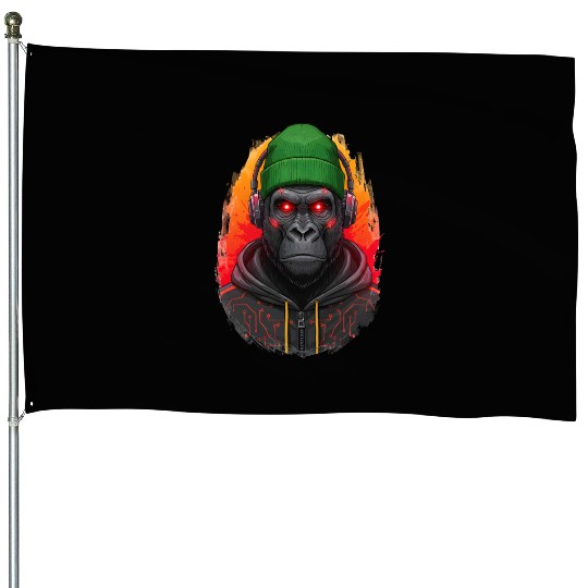 Cyberpunk Gorilla Digital Art House Flags