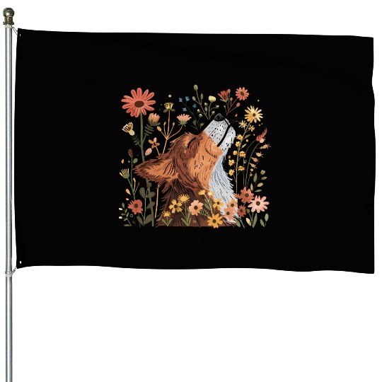 Serene Howling Wolf Amid Floral Bloom House Flags