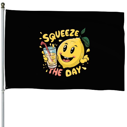 Squeeze The Day Lemon Cartoon House Flags