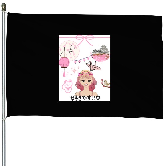 Cherry Blossom Girl with Japanese Elements House Flags