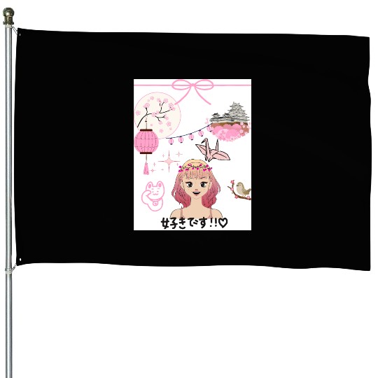 Cherry Blossom Girl with Japanese Elements House Flags