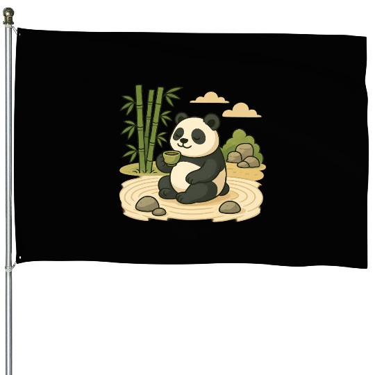 Serene Panda in Bamboo Garden House Flags