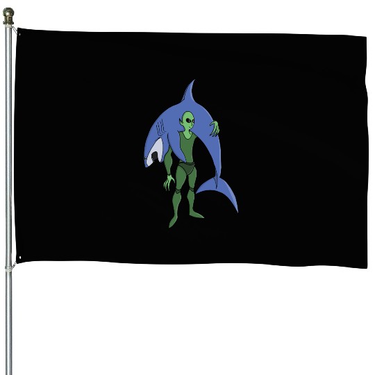 Alien Diver with Shark Funny Sci-Fi House Flags