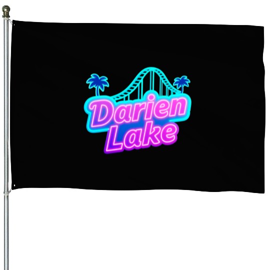 Neon Daren Lake Sign with Roller Coaster and Palms House Flags