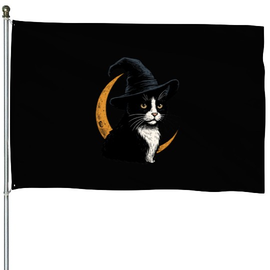 Whimsical Black Cat Witch Design House Flags