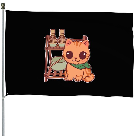 Kawaii Cat at Matcha Station House Flags