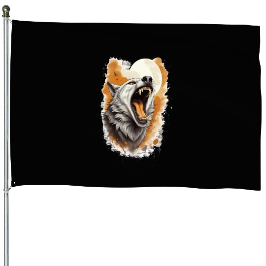 Howling Wolf Under Full Moon House Flags